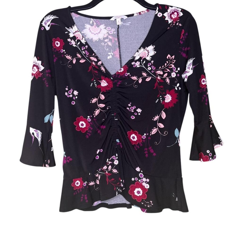 Candies Black Floral Y2K Flare Sleeve Blouse Cinched Front Peplum Bottom